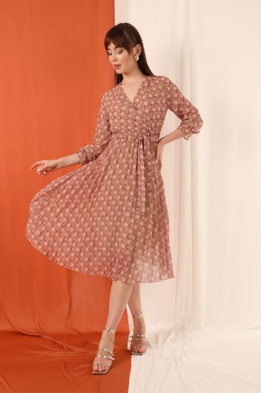 Picture of Chiffon Material Double breasted Neck Geometric Pattern Piliseli Woman Dress Mink