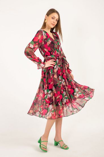 Picture of Chiffon Material Double breasted Neck Midi Size flower Pattern Woman Dress Fuchsia