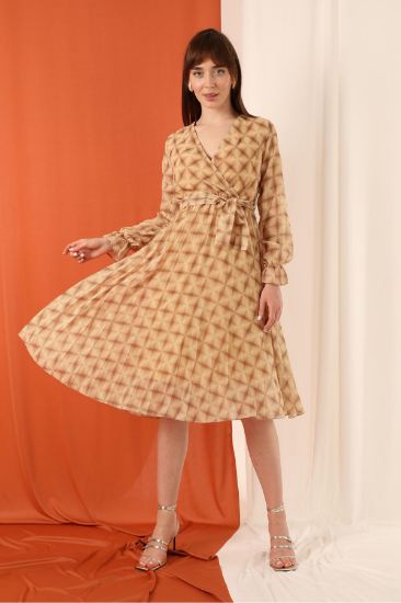 Picture of Chiffon Material Double breasted Neck leaf Pattern Woman Dress Beige