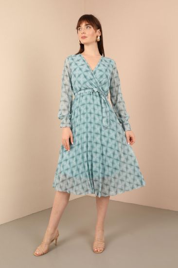 Picture of Chiffon Material Double breasted Neck leaf Pattern Woman Dress Blue