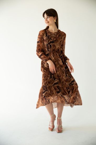 Picture of Chiffon Material Long Maxi Size A Cut Neck Detailed Woman Dress Brown
