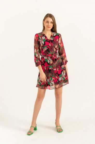 Picture of Chiffon Material Long Maxi Sleeve Double breasted Neck flower Pattern Woman Dress Fuchsia