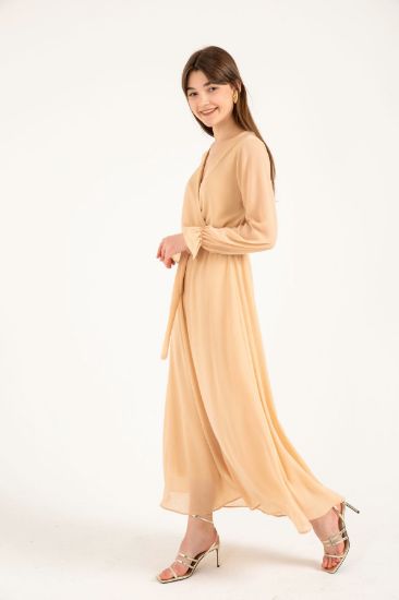 Picture of Şili Chiffon Aerobin Material Double breasted Neck Long Maxi Size Anvelop Woman Dress Beige