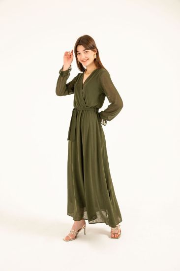 Picture of Şili Chiffon Aerobin Material Double breasted Neck Long Maxi Size Anvelop Woman Dress Khaki