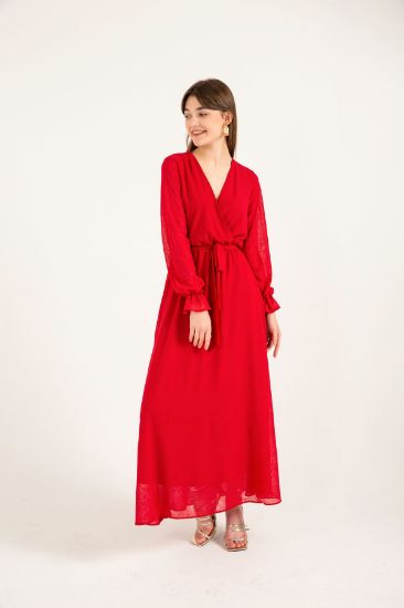 Picture of Şili Chiffon Aerobin Material Double breasted Neck Long Maxi Size Anvelop Woman Dress Red