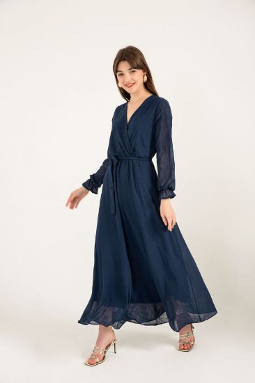 Picture of Şili Chiffon Aerobin Material Double breasted Neck Long Maxi Size Anvelop Woman Dress Navy Navy Blue