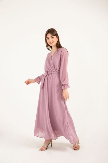 Picture of Şili Chiffon Aerobin Material Double breasted Neck Long Maxi Size Anvelop Woman Dress Lilac