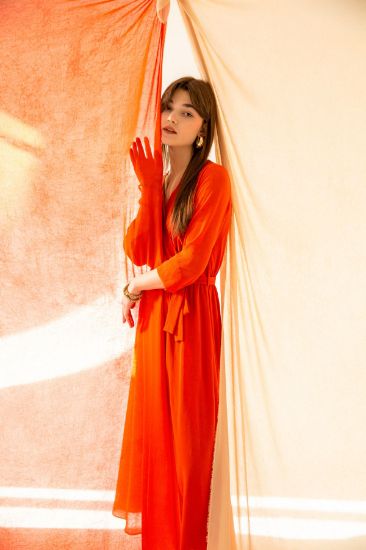 Picture of Şili Chiffon Aerobin Material Double breasted Neck Long Maxi Size Anvelop Woman Dress Orange