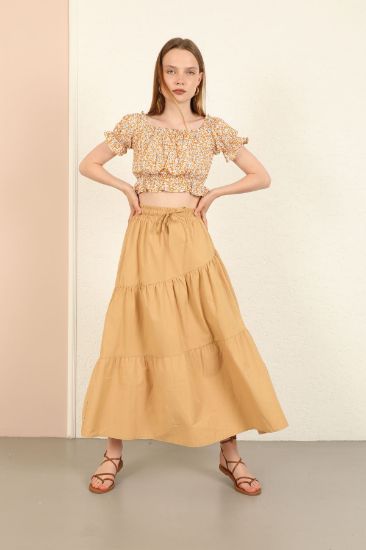 Picture of Soft Woven Material Midi Size Loose Kalıp waist Elastic Woman Skirt Beige