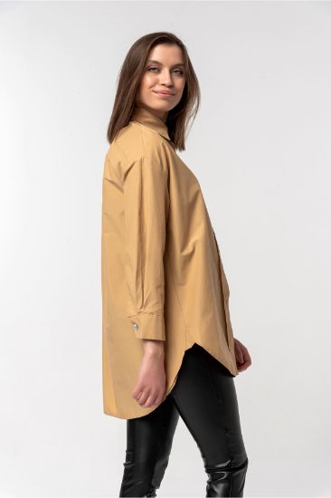 Picture of Soft Woven Material Oversize Loose Button Detailed Woman Shirt Beige