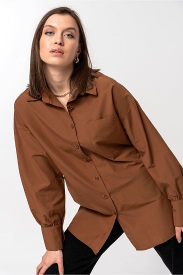 Picture of Soft Material Balon Sleeve Basen Six Size Oversize Loose Woman Shirt Brown