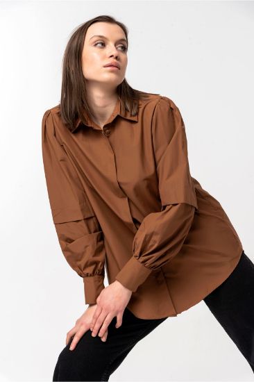 Picture of Soft Material Balon Sleeve Oversize Loose Woman Shirt Brown