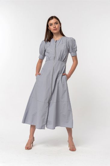 Picture of Soft Material Zipped Neck Midi Size Tam Kalıp Woman Dress Grey