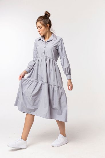 Picture of Soft Material Shirt Neck Midi Size Oversize Loose Woman Dress Grey