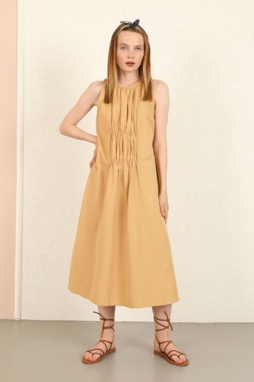 Picture of Soft Material Halter Neck Tam Kalıp Gipeli Woman Dress Beige