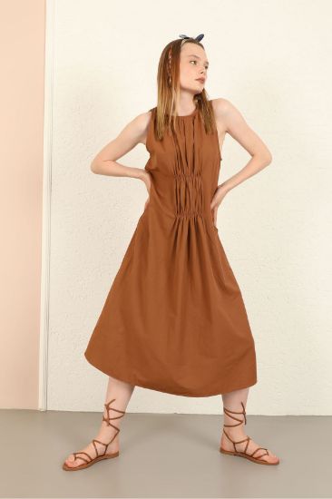 Picture of Soft Material Halter Neck Tam Kalıp Gipeli Woman Dress Brown