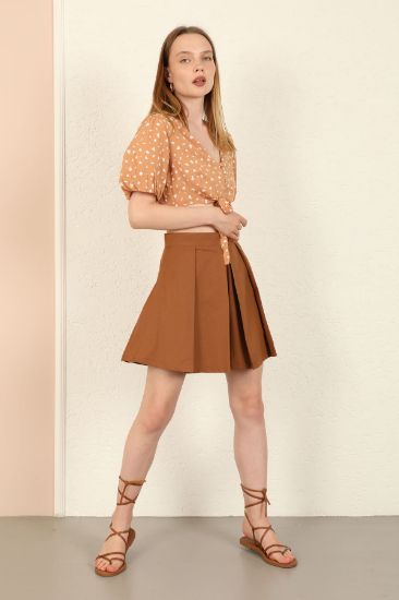 Picture of Soft Material Mini Size Loose Kalıp Pleated Woman Short Skirt Brown