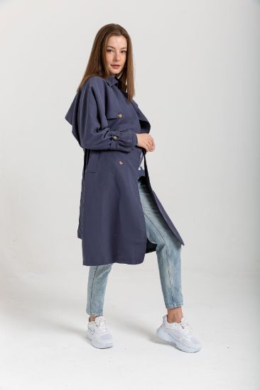 Picture of Soft Material Long Maxi Sleeve Shirt Neck Belted Woman Trenchcoat Indigo Blue indigo