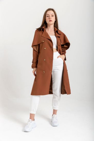 Picture of Soft Material Long Maxi Sleeve Shirt Neck Belted Woman Trenchcoat Brown