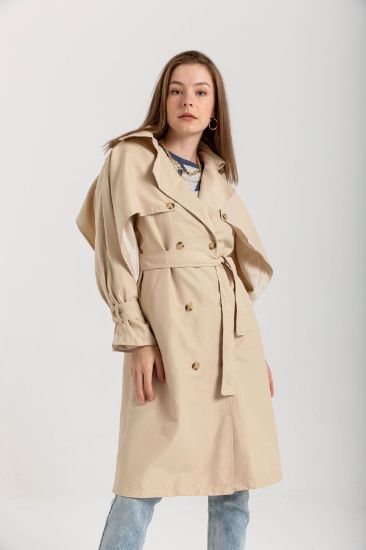 Picture of Soft Material Long Maxi Sleeve Shirt Neck Belted Woman Trenchcoat Stone