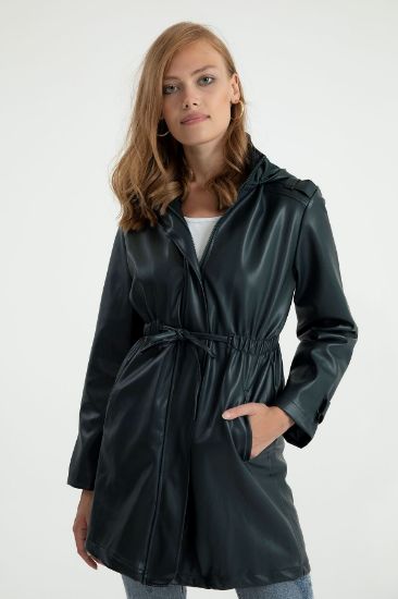 Picture of Suni Leather Material Long Maxi Sleeve Zipped Neck Tam Kalıp Woman Trenchcoat Emerald Emerald Green Green