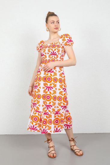 Picture of Terikoton Material Gipeli Balon Sleeved Woman Dress Orange