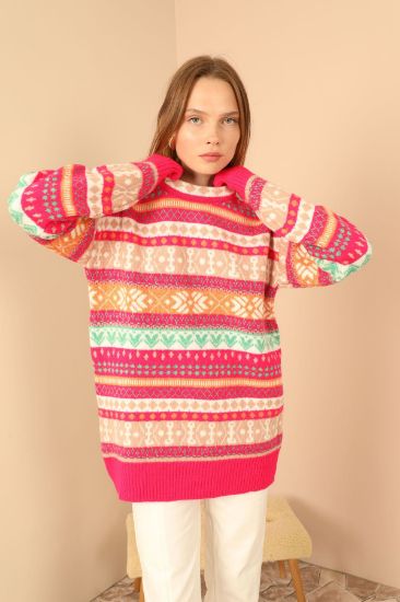 Picture of Knitwear Material Crew Neck Jacquard Woman Pullover Fuchsia