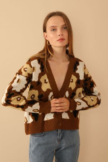 Picture of Knitwear Material flower Patterned Woman Cardigan Brown