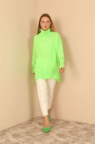 Picture of Knitwear Material Degaje Neck Long Maxi Woman Pullover Neon Green