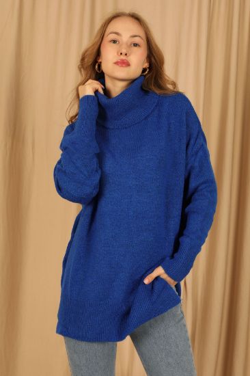 Picture of Knitwear Material Degaje Neck Long Maxi Woman Pullover Sax