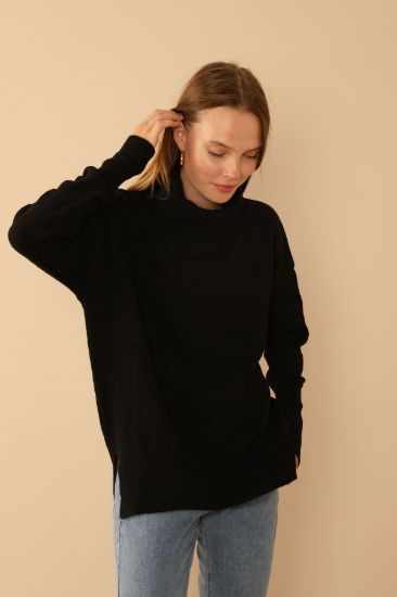 Picture of Knitwear Material Degaje Neck Long Maxi Woman Pullover Black