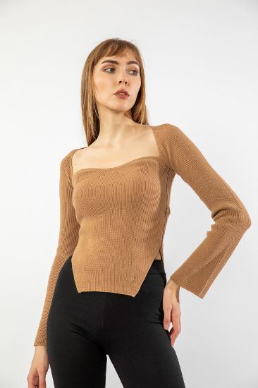 Picture of Knitwear Material Heart Neck Skinny Kalıp Assmmetrical Asymmetrical Detailed Woman Pullover Camel