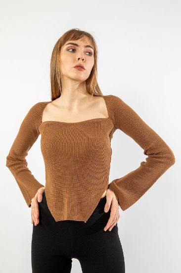 Picture of Knitwear Material Heart Neck Skinny Kalıp Assmmetrical Asymmetrical Detailed Woman Pullover Brown