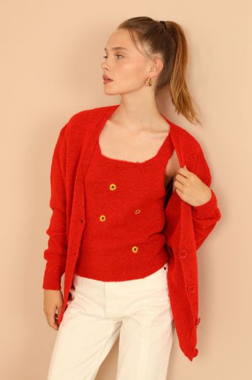 Picture of Knitwear Material Nakış Detailed&#x20; Woman Cardigan Red