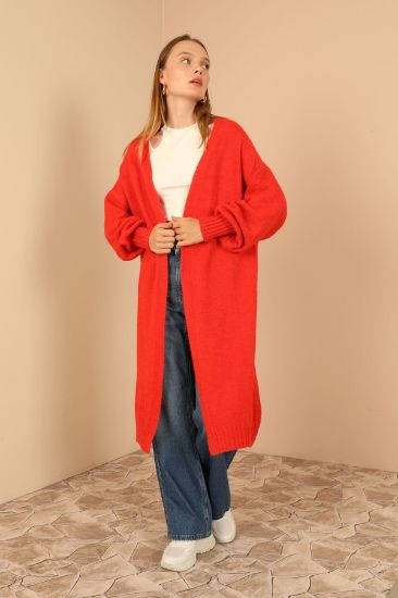 Picture of Knitwear Material Shawl Neck Long Maxi Woman Cardigan Red