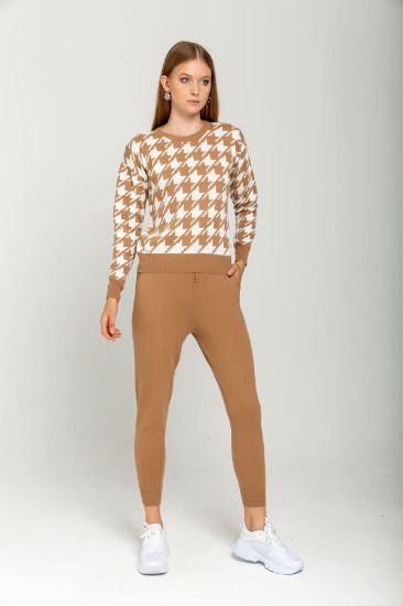 Picture of Knitwear Material Long Maxi Sleeve Crew Neck Crowbar Patterned Woman Suit Beige