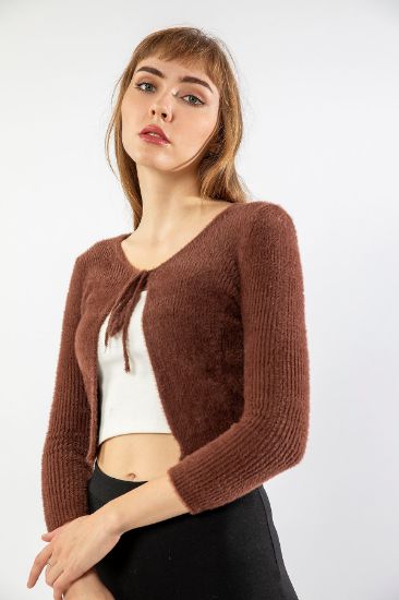 Picture of Knitwear Material Long Maxi Sleeve U Neck Crop Size Bağlama Detailed Woman Cardigan Brown