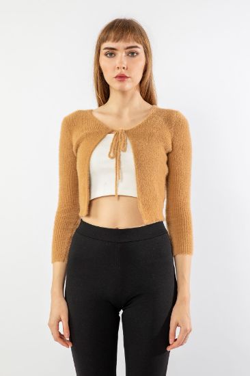 Picture of Knitwear Material Long Maxi Sleeve U Neck Crop Size Bağlama Detailed Woman Cardigan Caramel