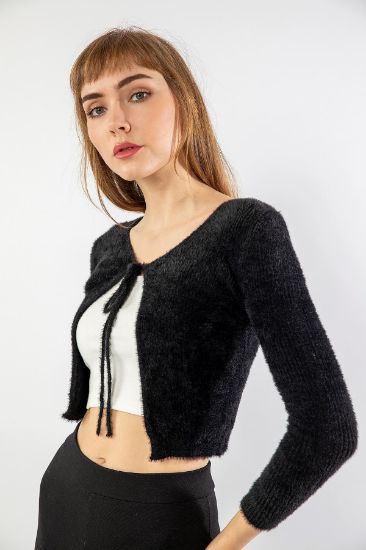 Picture of Knitwear Material Long Maxi Sleeve U Neck Crop Size Bağlama Detailed Woman Cardigan Black