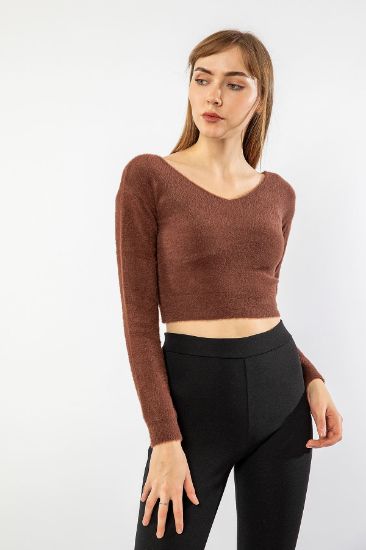 Picture of Knitwear Material Long Maxi Sleeve V Neck Woman Crop Brown