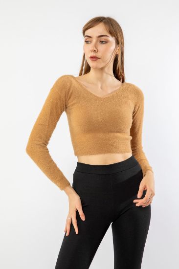 Picture of Knitwear Material Long Maxi Sleeve V Neck Woman Crop Caramel