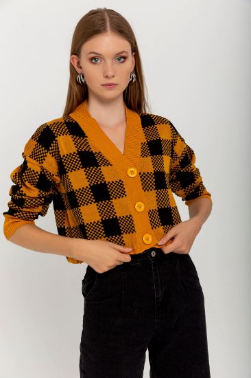 Picture of Knitwear Material Long Maxi Sleeve V Neck Plaid Woman Cardigan Mustard Mustard Yellow