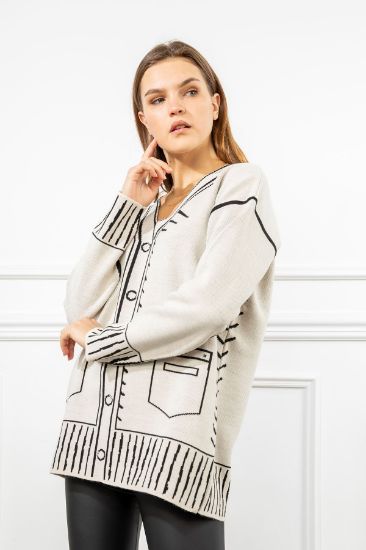 Picture of Knitwear Material Long Maxi Sleeve V Neck&#x20; Comfortable Kalıp Çizimli Woman Pullover Ecru Black
