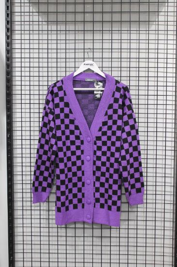Picture of Knitwear Material Long Maxi Sleeve Collarless Dama Patterned Woman Cardigan Purple