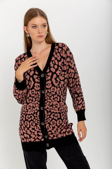 Picture of Knitwear Material V Neck Basen Six Size Leopard Patterned Woman Cardigan Powder