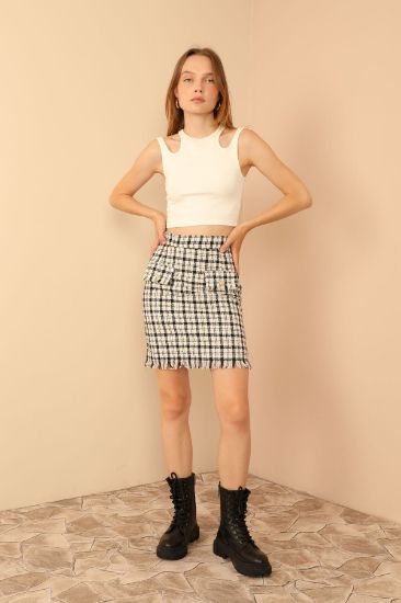 Picture of Tweed Material Mini Size Skinny Kalıp Pocket Detailed Woman Skirt Ecru