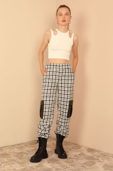 Picture of Tweed Material Long Maxi Size Striped trotter Fringed Woman Trousers Ecru