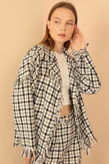 Picture of Tweed Material Long Maxi Sleeve Basen Size Loose Kalıp Woman Jacket Ecru