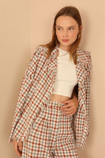 Picture of Tweed Material Long Maxi Sleeve Basen Size Loose Kalıp Woman Jacket Tan