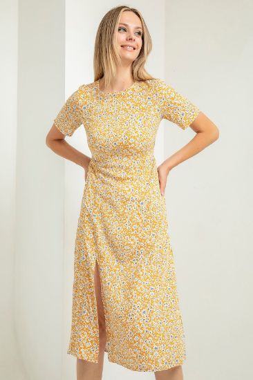 Picture of Viscon Empirme Material Crew Neck flower Patterned Woman Dress Mustard Mustard Yellow